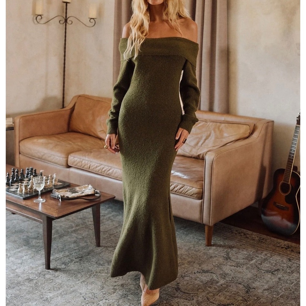 12th Tribe S Simone Dark Olive Sweater Dress Maxi Off Shoulder Knit